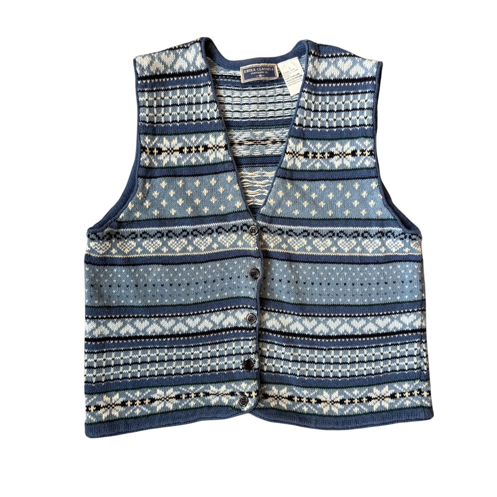 Vintage Erika Classics Women Blue Fair Isle Y2k 90'sKnit Button Front‎ Vest L